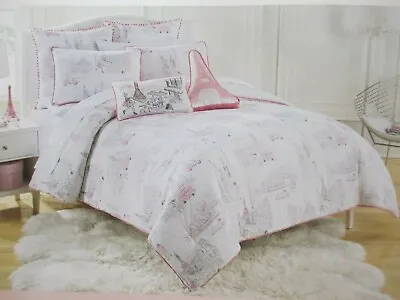 Nicole Miller Kids Girls 4pc Paris Eiffel Tower Pink White Comforter Set - Twin • $109.99