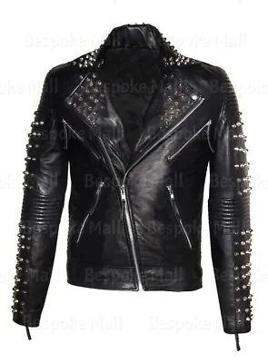 New Men's Black Silver Studded Brando Style Cowhide Biker Leather Jacket-1070 • $260.99