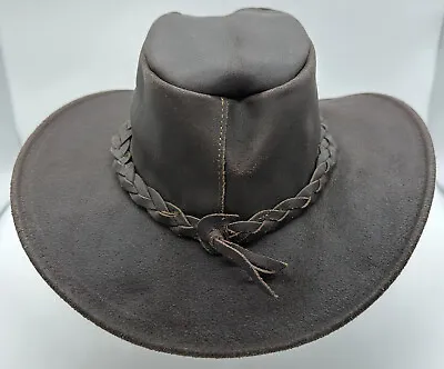 MINNETONKA The Fold Up Hat LARGE Brown Cowboy Leather Braided Band Vented • $25.26