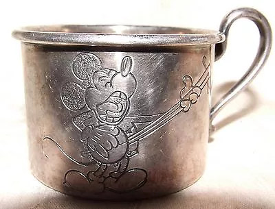 RARE C1932 MICKEY MOUSE PLAYING BANJO Forbes Silverplate CHILDS CUP MUG • $155