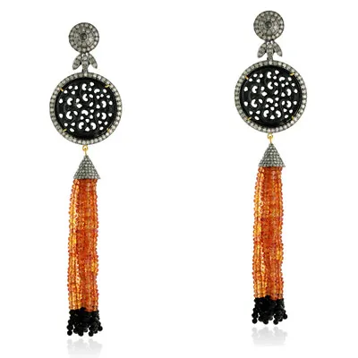 18k Gold Silver Carved Jade Diamond Multi Sapphire Onyx Beads Tassel Earrings • $4077