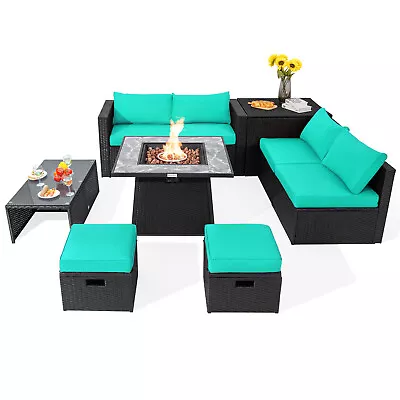 9PCS Patio Wicker Furniture Set Fire Pit Space-saving Storage W/Cover Turquoise • $1049.95