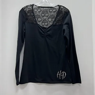 Harley Davidson Women's Black Long Sleeve Skull Lace Ruched Pullover Top Small • $8.50