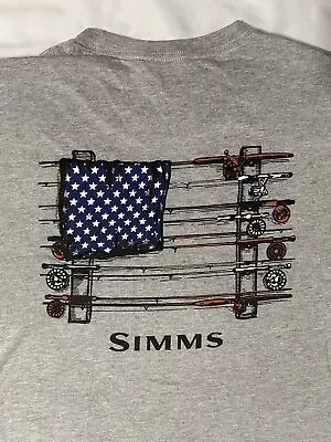 Simms Fishing T Shirt Mens Large Grey Short Sleeve American Flag Rod & Reel Rack • $15