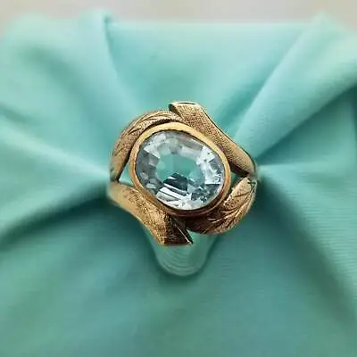 Synthetic Aquamarine Offset Ring 18K Yellow Gold W/ Leaf Motif Size 6 Vintage • $499