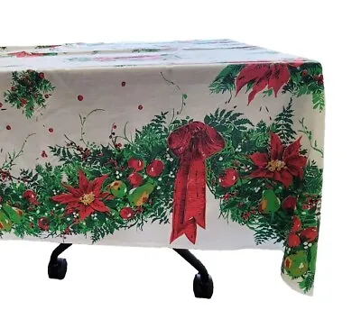 Vintage MCM Christmas Tablecloth Poinsettia Fruit 70 X79” Handmade See Blemishes • $20