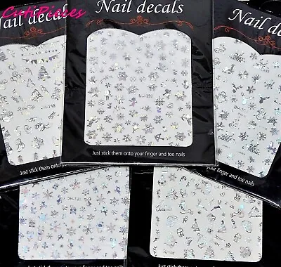 Xmas Nail Art Silver Laser Holographic Holly Cane Snowflake Santa Decal Stickers • $3.05