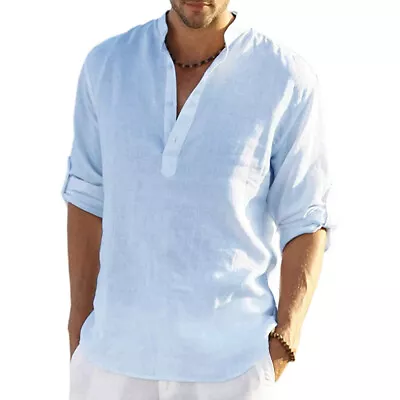 Mens Loose Linen Beach Shirts Cotton Casual Summer Shirt Blouse Solid Tops • $17.98