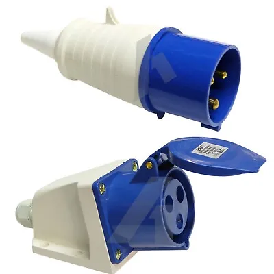 16A 3 Pin Plug And Surface Socket Male Female 230V 16 Amp IP44 CEE Blue • £13.95