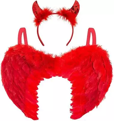 Red Feather Angel Wings & Sequin Devil Horns Halloween Carnival Fancy Dress Set • $10.29