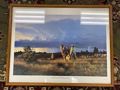 Vintage Harman Adams Gettin Nervous Cowboy Art Print Frame Signed Numbered 43/50 • $124.99