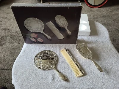 £15 • Buy DRESSING TABLE SET ART DECO STYLE SILVER PLATED VINTAGE BRUSH COMB MIRROR 1980s