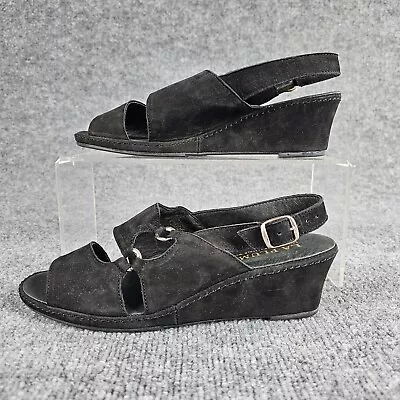 LA PLUME BLACK Suede Slingback Wedge Heel Shoes Open Toe Womens Size 40 US 9 • $23.09