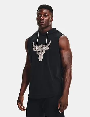 Men's Project Rock Terry Sleeveless Hoodie Black/White Under Armour Muscle XL • $44.95