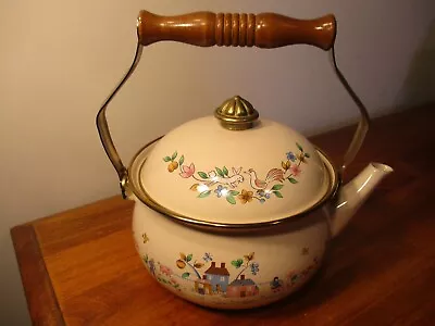 Vintage Enameled Metal Tea Kettle Heartland/Farmhouse Pattern. 7 In Dia. • $18.60