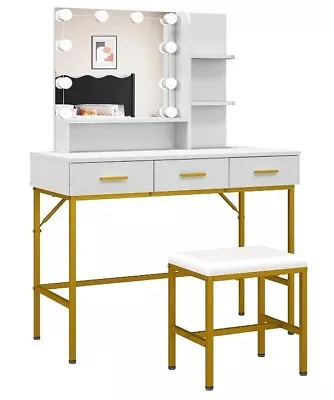 Vanity Table With Lighted Mirror 3 Drawers Makeup Desk With Stool White • $119.99