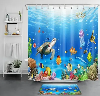  Underwater World Fish Sea Turtle Ocean Shower Curtain Bathroom Accessories Set • $36.69