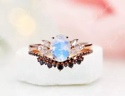 Rainbow Moonstone Ring 2PCS Ring Bridal Ring Set Engagement Ring Wedding Gifts • $49.99