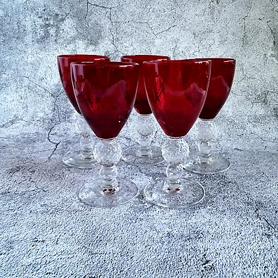 5 Morgantown Ruby Red Golfball Footed/Stem Pattern Glass Goblets • $24.95