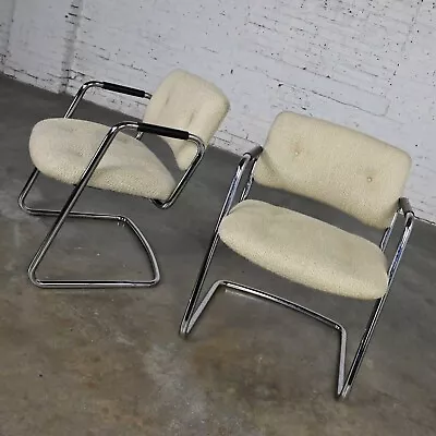 Pair Modern Chrome Cantilever Chairs Oatmeal Hopsacking Steelcase Model 421 482 • $1995