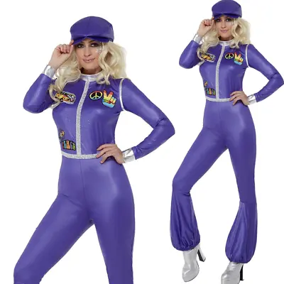 70s Dancing Queen Catsuit Ladies Purple 60s Fancy Dress Costume Jumpsuit • £20.99