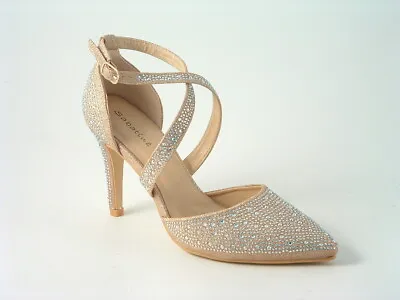 Ladies Party Prom Wedding Bridesmaid X Strap Diamante Point Toe High Heel Sizes  • £40