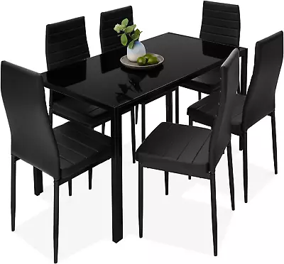 7-Piece Glass Dining Set: Modern Table 6 Upholstered Chairs Metal Frame Black • $455.85