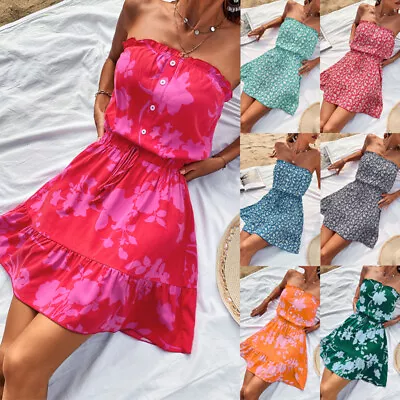 £12.89 • Buy Womens Summer Strapless Swing Dress Ladies Beach Party Floral Boho Sun Dresses
