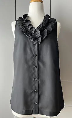 NWT J Crew Sleeveless Ruffle Trim Silk Blouse Tank Womens 4 Black Career Top • $58.43