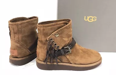 UGG LUXE COLLECTION KARISA Bruno Brown SUEDE SHEARLING FRINGE BOOT Italy 1009251 • $54
