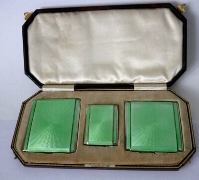 £525 • Buy 1936 Silver Guilloche Enamel Compact Three Piece Set In Original Leather Case