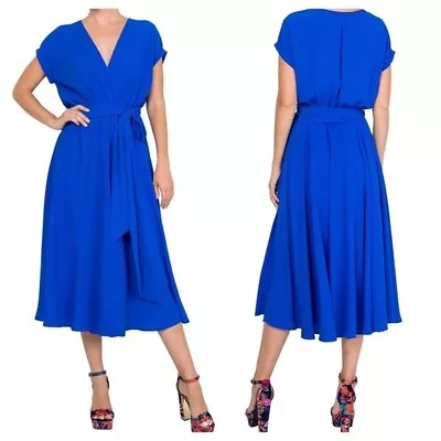 NEW Meghan Los Angeles Sz Large Jasmine Midi Faux Wrap Dress In Royal Blue • $54.40