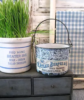 Small Antique Blue Marble Graniteware Berry Pail Burpee Seeds Label Print • $38