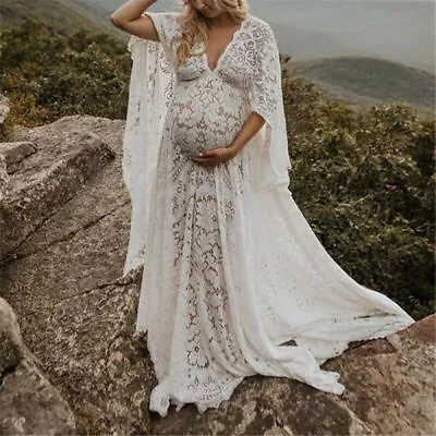 Boho Maternity Dress For Photo Shoot Outfit Pregnant Women's Fluffy Lace Dress • £32.38