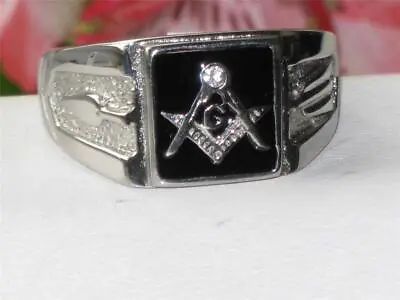 Mens Masonic Ring Onyx Pinky Signet Silver Stainless Steel Cz Black Mans New 115 • £18.99