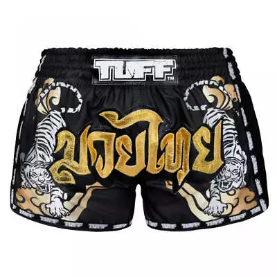 Black TUFF Sport MRS301 Retro Style Double Tiger Muay Thai Shorts • £34.99