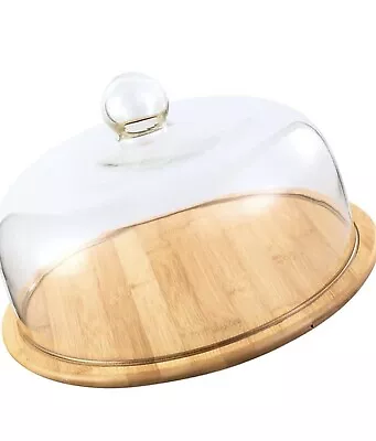 VOSAREA Glass / Wood Storage Cake Stand With Dome. BNIB • £29.99