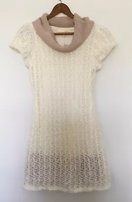 NWT A’reve Ivory Cowl Neck Crochet Lace Short Sleeve Dress Sz S Ruffle Layer Hem • $24.99