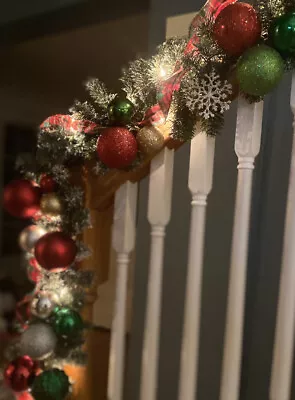 Pre Lit Christmas Garland 9 Ft Long Decorated Ribbon Clear Lights • $89