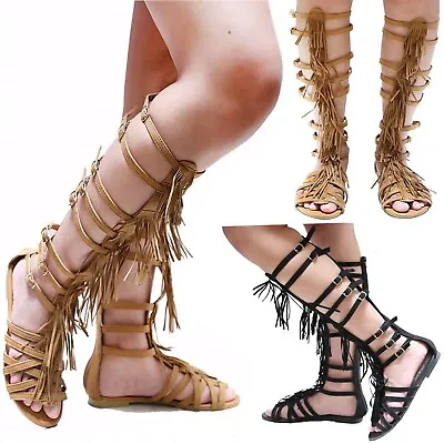 New Women Tan Black Fringe Gladiator Knee High Tall Sandals • $23.99