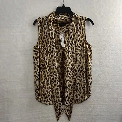 J Crew Button Up Top Womans Small Animal Print Brown Sleeveless Polyester Tie • $7.49