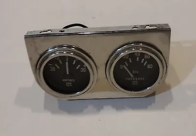 VINTAGE Stewart Warner SW Gauge Set Panel W/AMP OIL GAUGES Hotrod W/LIGHT Chrome • $87.50