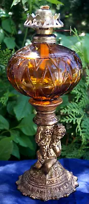 $60 • Buy Antique 1880s Era RARE AMBER FONT Cherub Base Oil Lamp - ORIGINAL