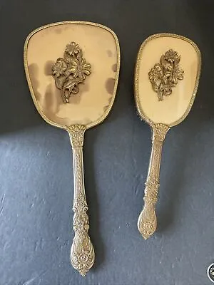 Vintage Gold Plated Hand Mirror And Hair Brush Set Floral Vanity • $14.99