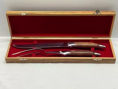 VTG Stainless & Steel Wood Handle 2 Pc Carving Set Meat Fork Knife Japan In Box • $20