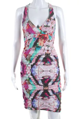 Nicole Miller Womens Cotton Printed Ruched V-Neck Sheath Dress Pink Size 8 • $40.81