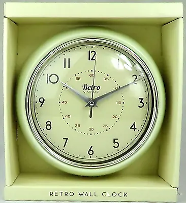 Retro Cream Wall Clock Round Metal Analogue 24cm Battery Op Diner Kitchen • £12.95