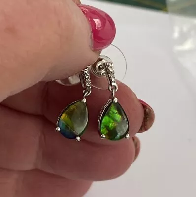 Qvc Ammolite Diamond Sterling Silver Drop Dangle Teardrop Earrings Signed Nwot • £32.13