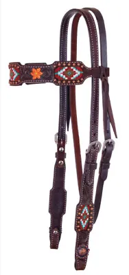 Circle Y 1 1/2  Metallic Inlaid Beaded Headstall Chocolate Rough Out • $110.99