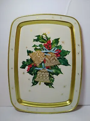 Vtg. Atomic Gold Star Christmas Bells Holly Metal Serving Cookie Tray Retro 14  • $14.99